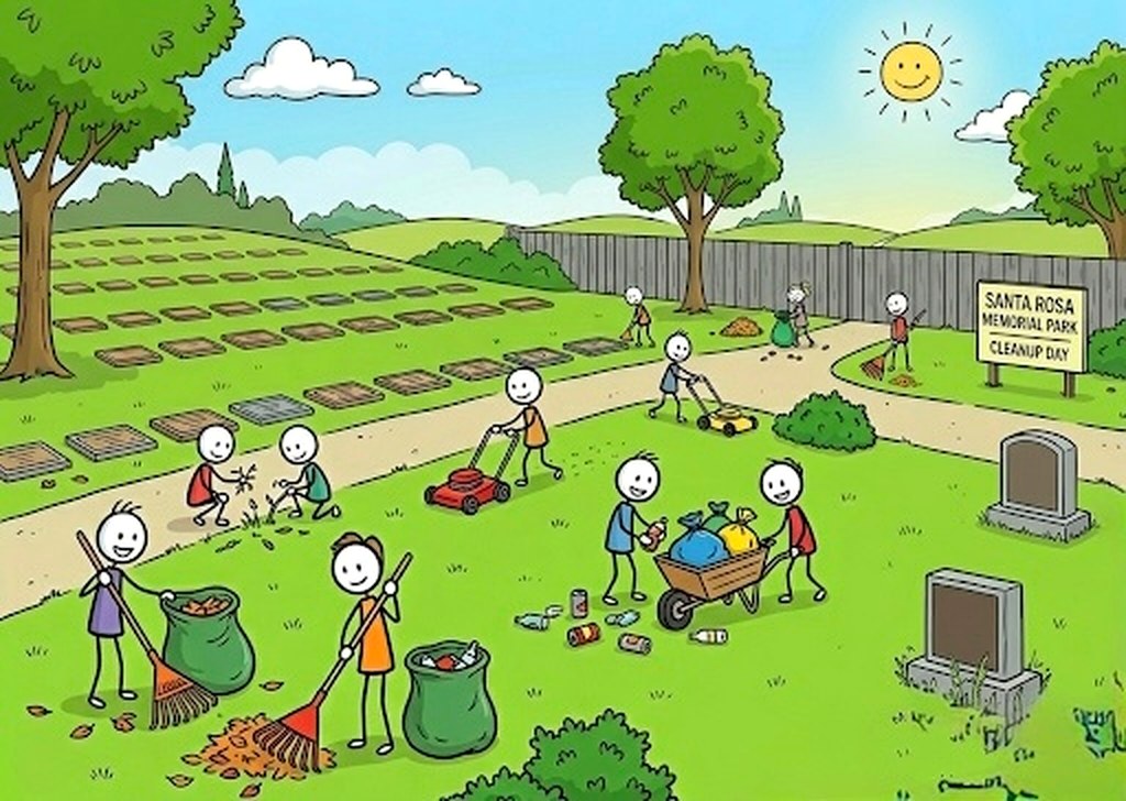 Illustration of volunteers cleaning up Santa Rosa Memorial Park grounds