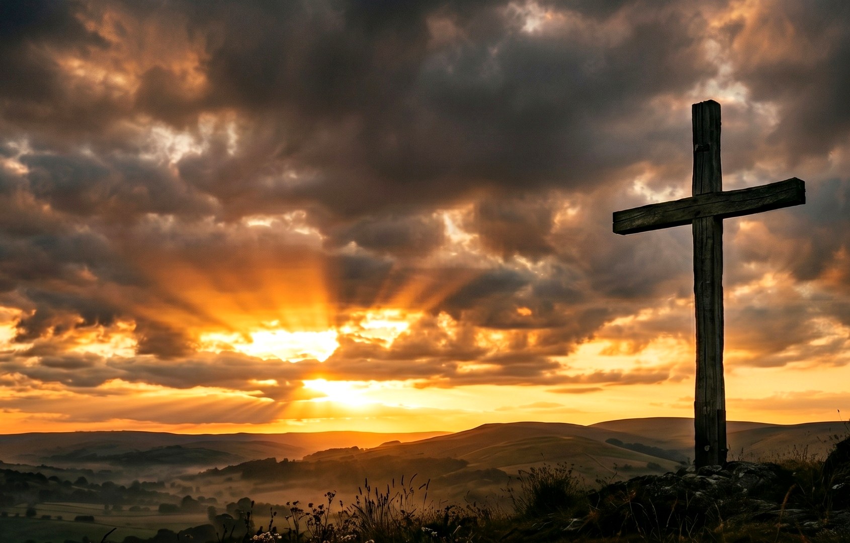 Cross silhouetted against a golden Easter sunrise