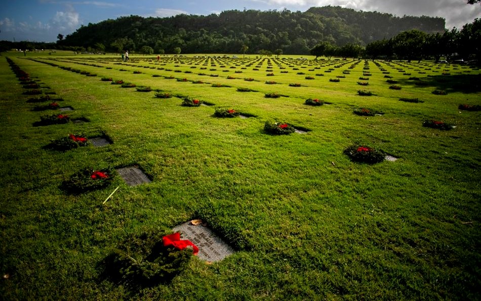 Wreaths with red bows placed at grave markers across green grounds